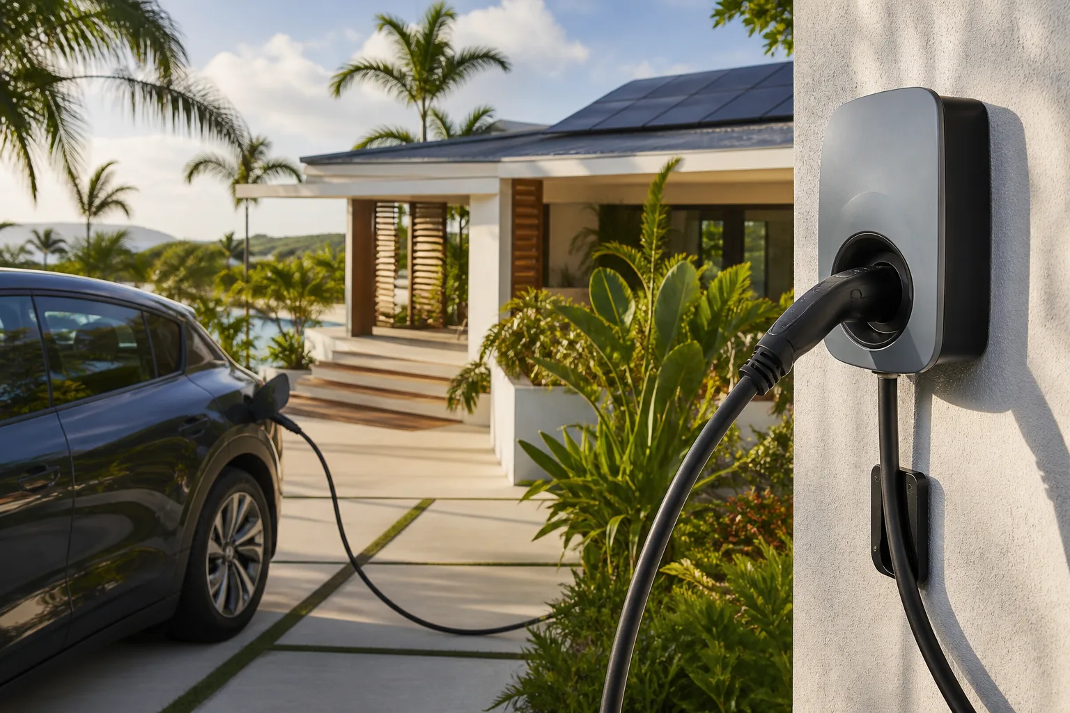 Véhicule électrique branché à une borne de recharge devant une maison antillaise