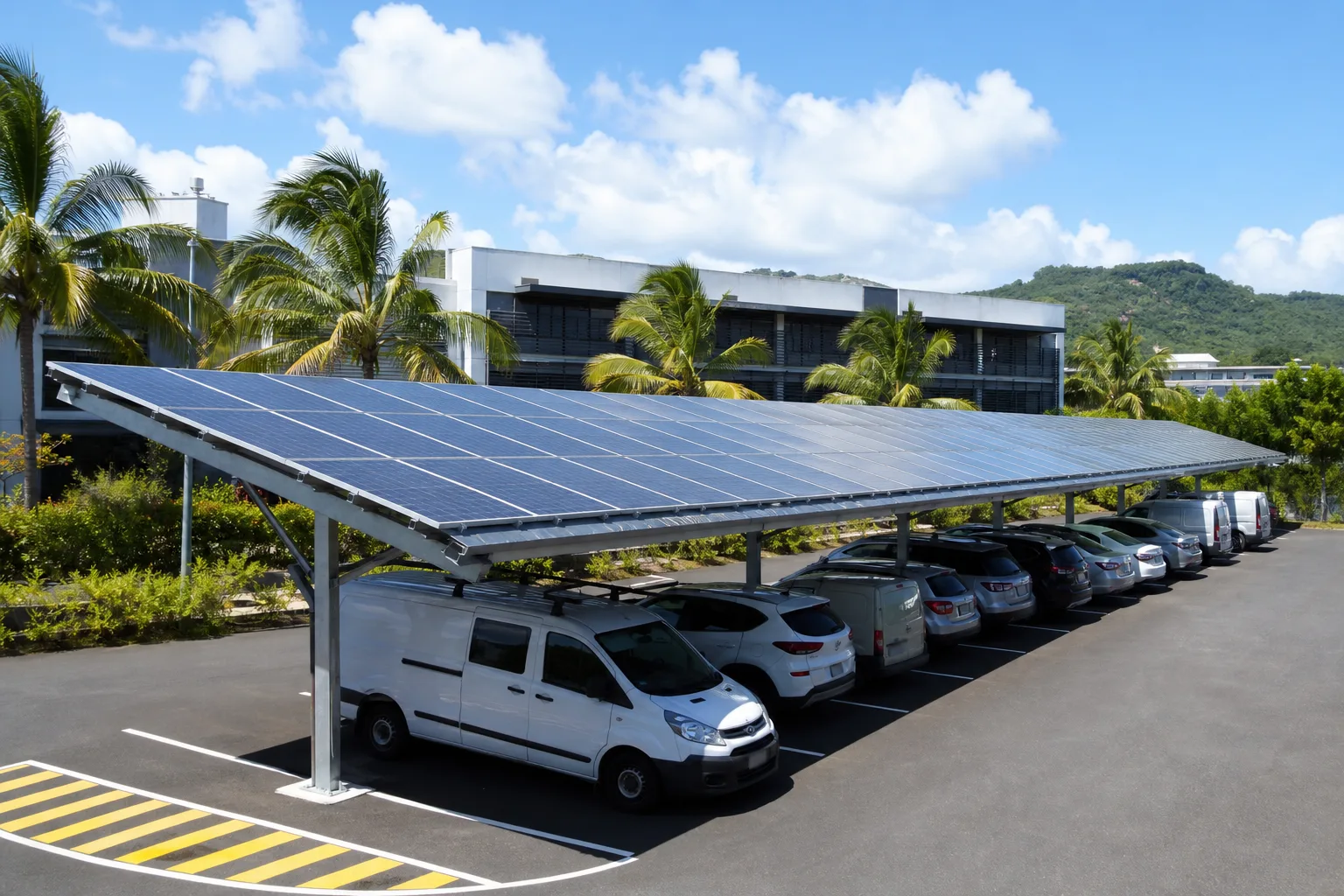 Illustration d’une ombrière photovoltaïque sur un parking professionnel tropical