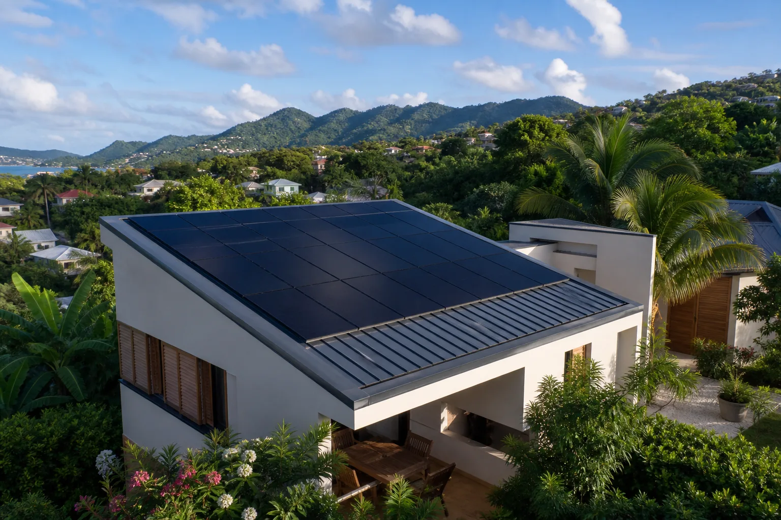Maison autonome équipée de panneaux solaires dans un environnement tropical