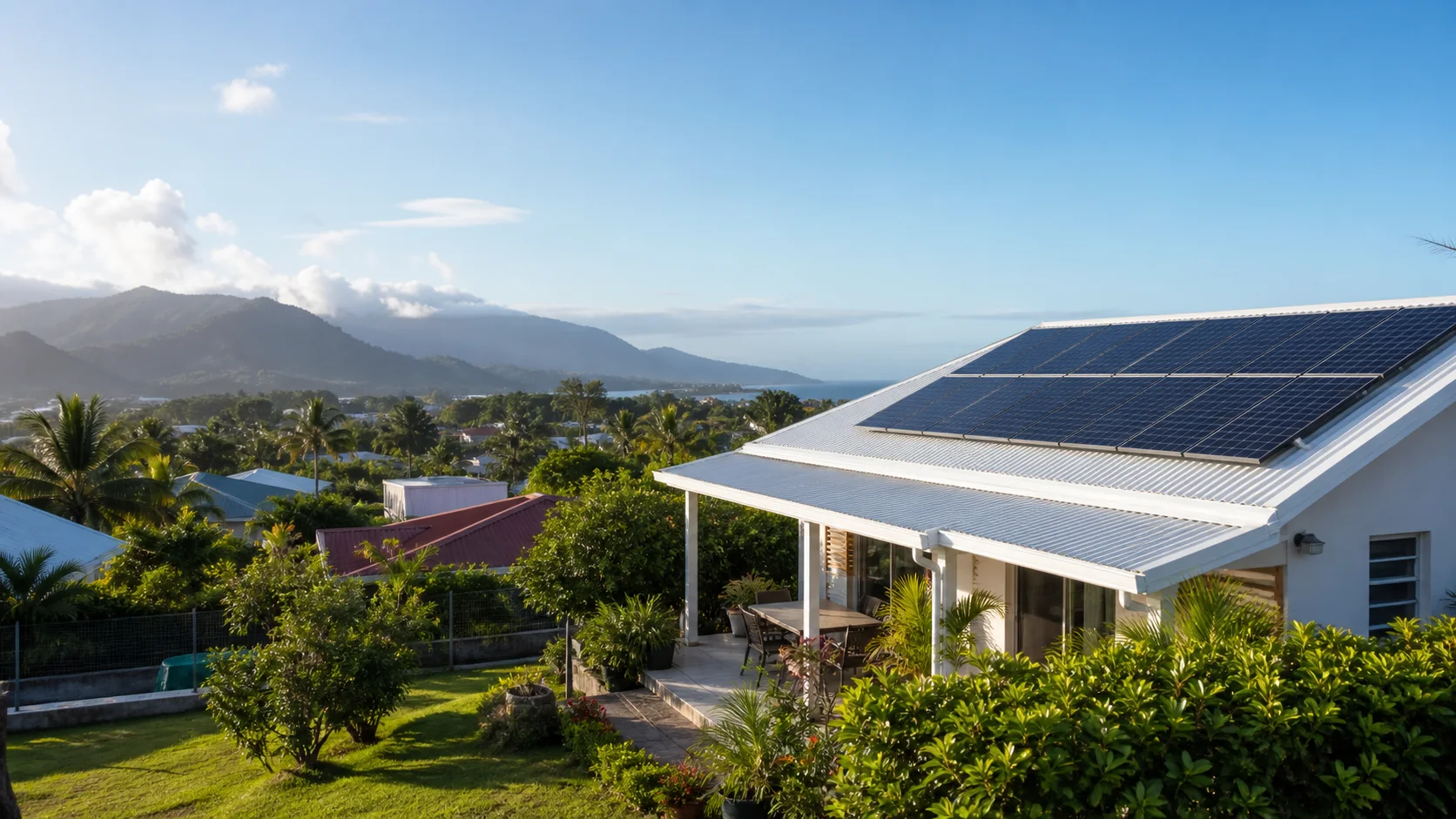 Illustration d’une maison tropicale équipée de panneaux photovoltaïques
